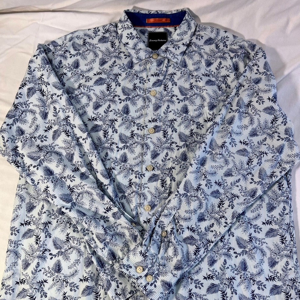 Tommy Bahama Mens XL Cotton Silk Floral Pinstripe Button Down Shirt Blue White